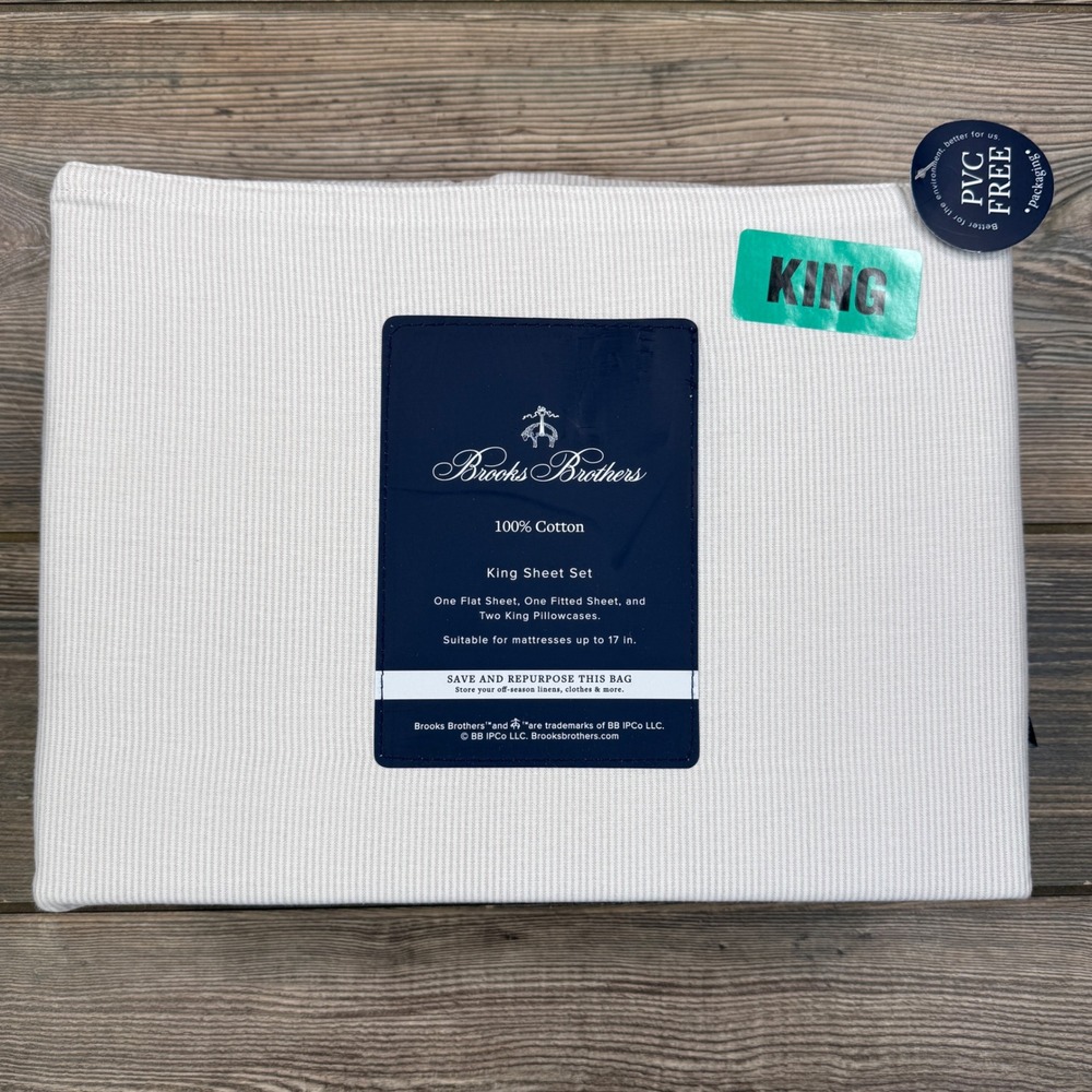 Brooks Brothers King Sheet Set Tan White Pinstripe 100% Cotton 4 Piece NEW